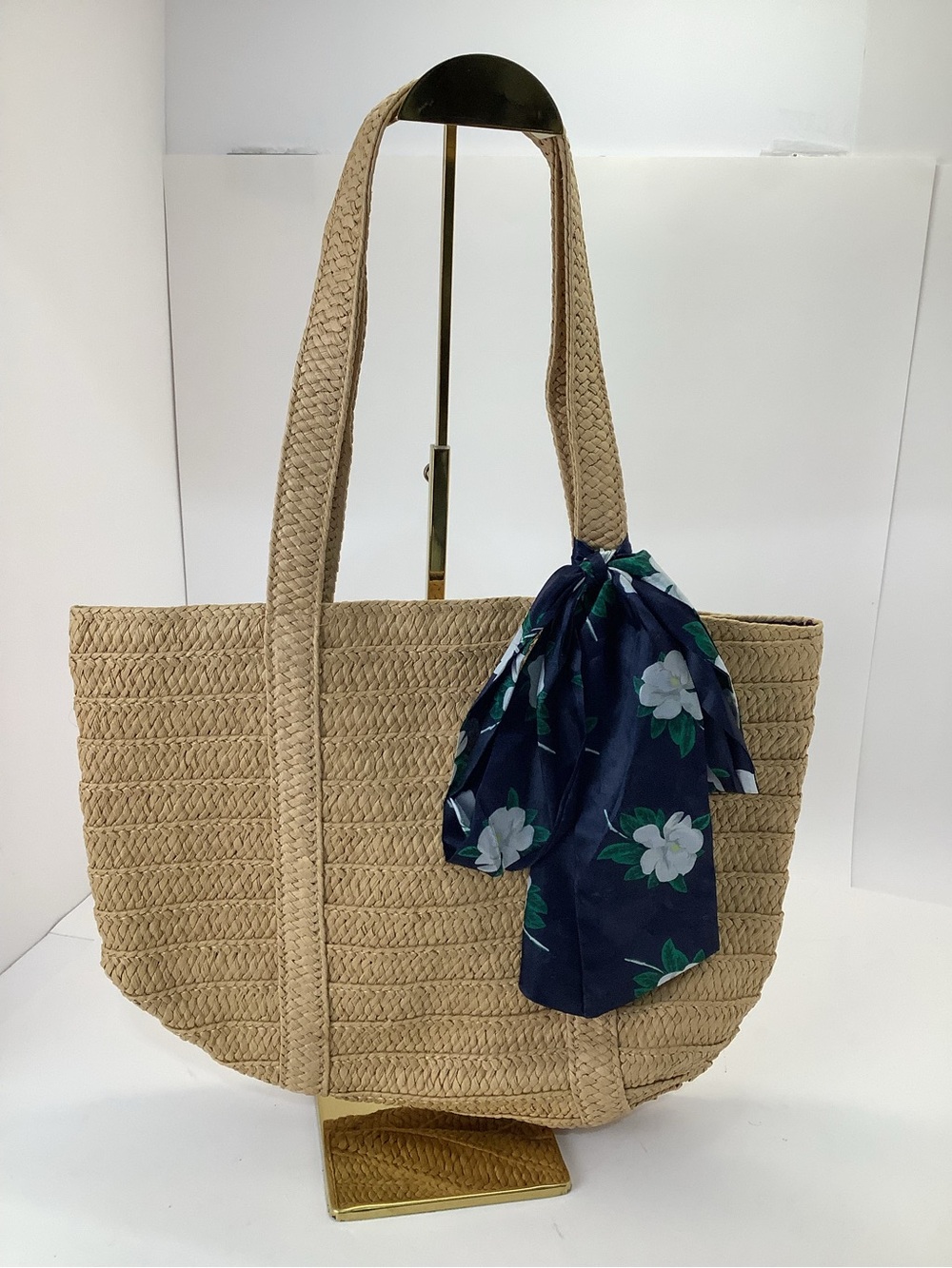 Draper James Everyday Woven Straw Tote Bag with Navy Magnolia Floral Scarf